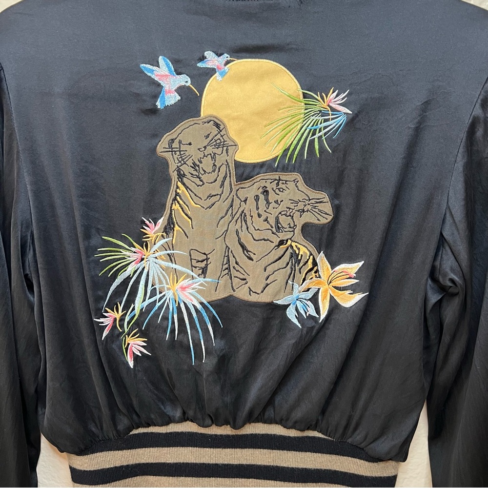 Marc Cain Black Silk Cropped Bomber Jacket Embroidered On Back Zip Up XS/ S - Picture 6 of 9